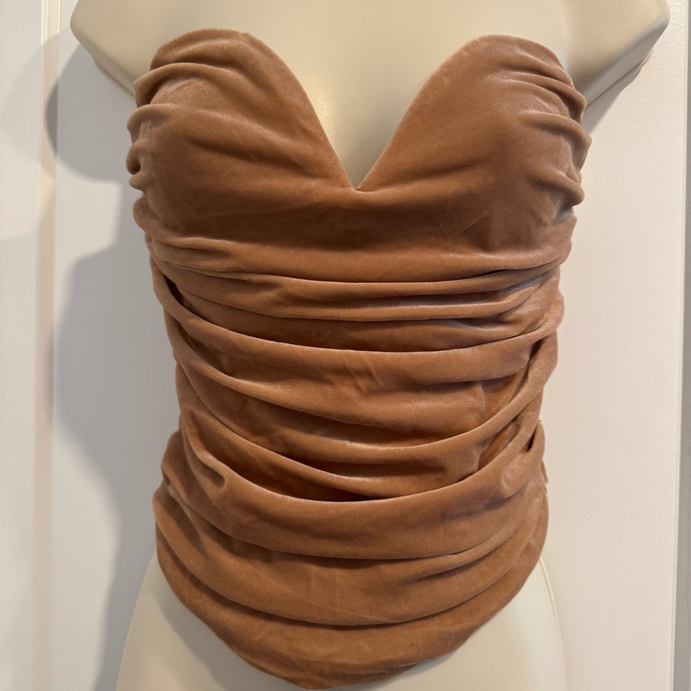 Express Strapless Ruched Velvet Top in Camel Brown